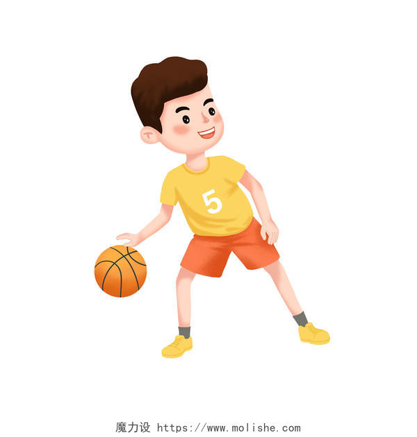 黄色卡通男孩打篮球插画元素